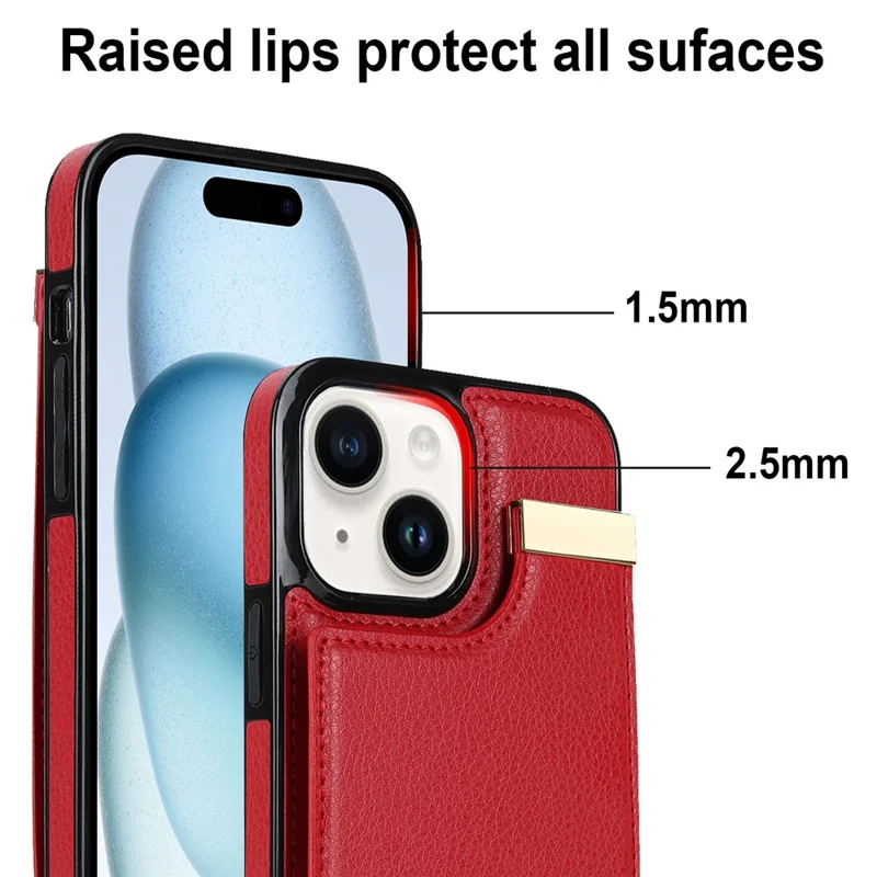 For iPhone 15 Plus Anti-Shock Case TPU+PU Leather+Metal Phone Cover with Card Holder - Red