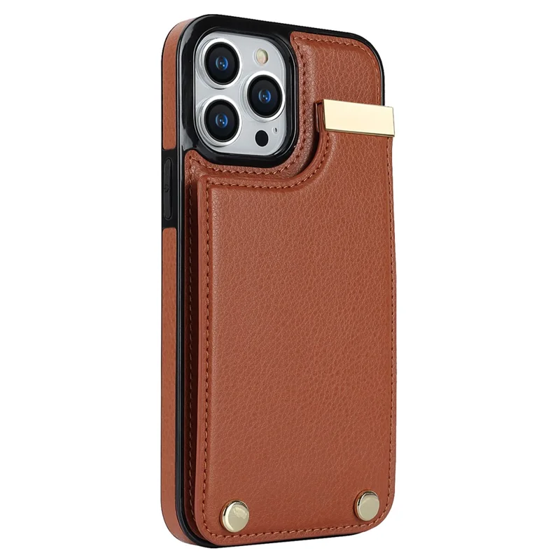 Phone Case for iPhone 13 Pro TPU+PU Leather+Metal Hardware Phone Cover with Card Holder - Brown