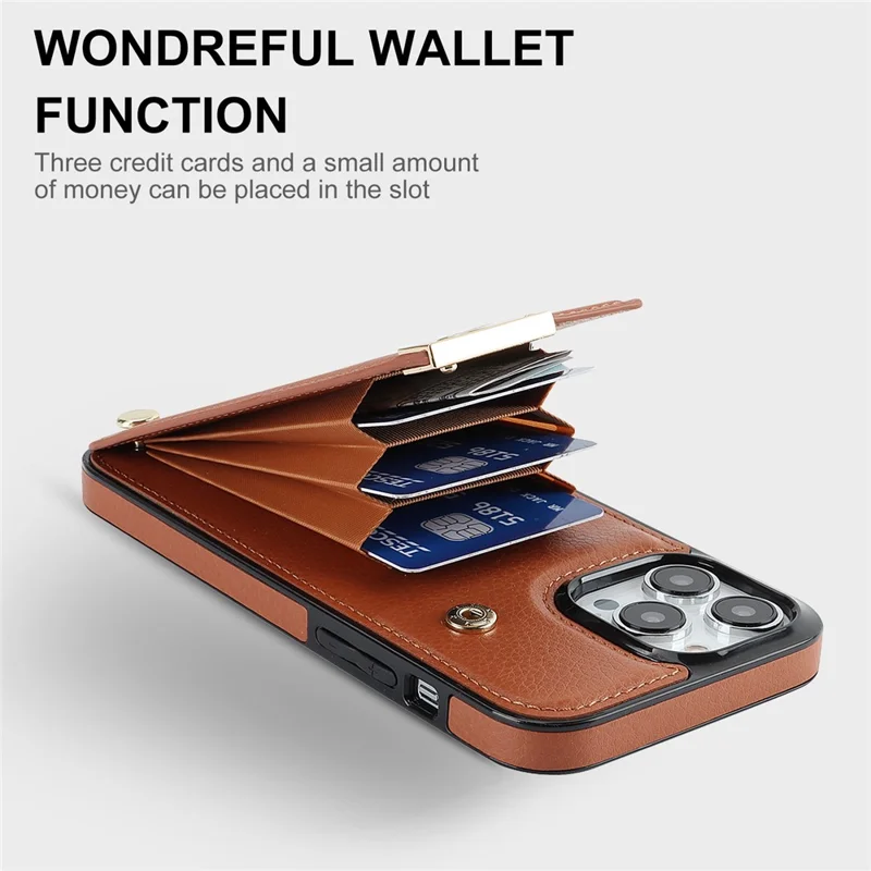 Phone Case for iPhone 13 Pro TPU+PU Leather+Metal Hardware Phone Cover with Card Holder - Brown