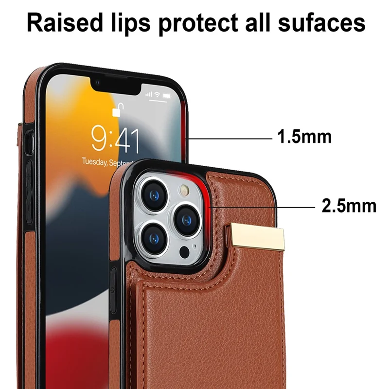 Phone Case for iPhone 13 Pro TPU+PU Leather+Metal Hardware Phone Cover with Card Holder - Brown
