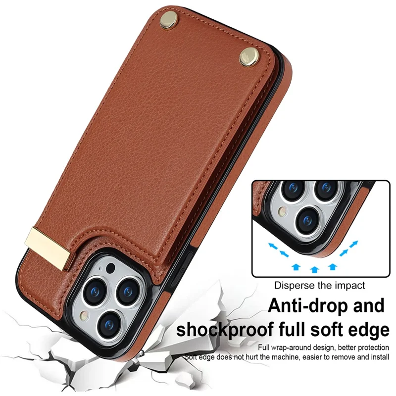Phone Case for iPhone 13 Pro TPU+PU Leather+Metal Hardware Phone Cover with Card Holder - Brown
