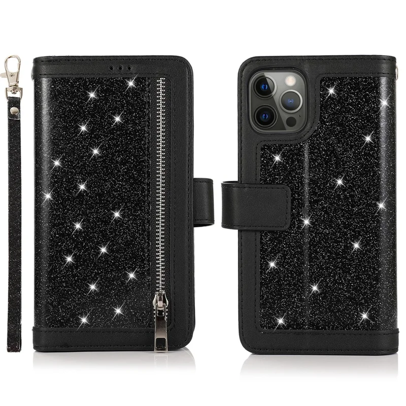 Für iPhone 12 / 12 Pro Case Glitter Powder Zipper Pocket 9 Card Holder Leather Cover - Schwarz