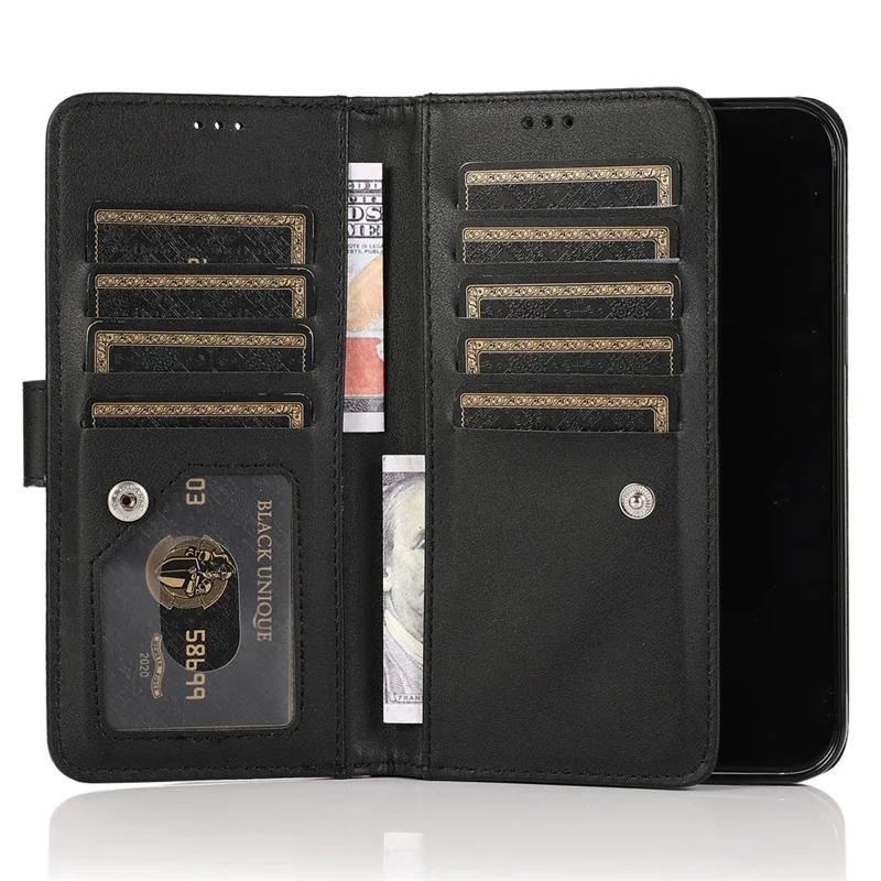 Für iPhone 12 / 12 Pro Case Glitter Powder Zipper Pocket 9 Card Holder Leather Cover - Schwarz