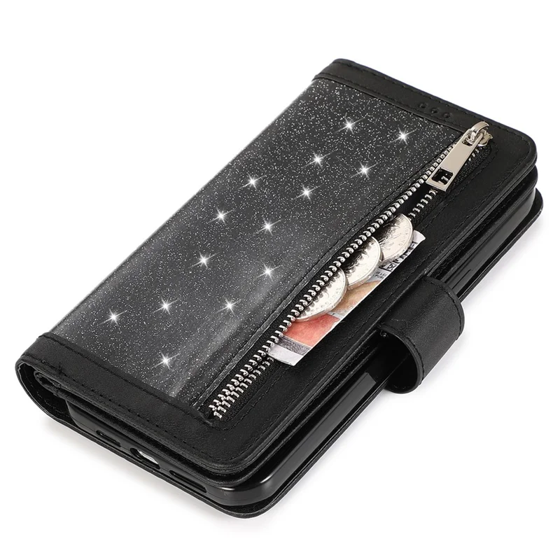 Für iPhone 12 / 12 Pro Case Glitter Powder Zipper Pocket 9 Card Holder Leather Cover - Schwarz