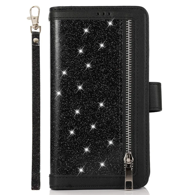 Für iPhone 12 / 12 Pro Case Glitter Powder Zipper Pocket 9 Card Holder Leather Cover - Schwarz