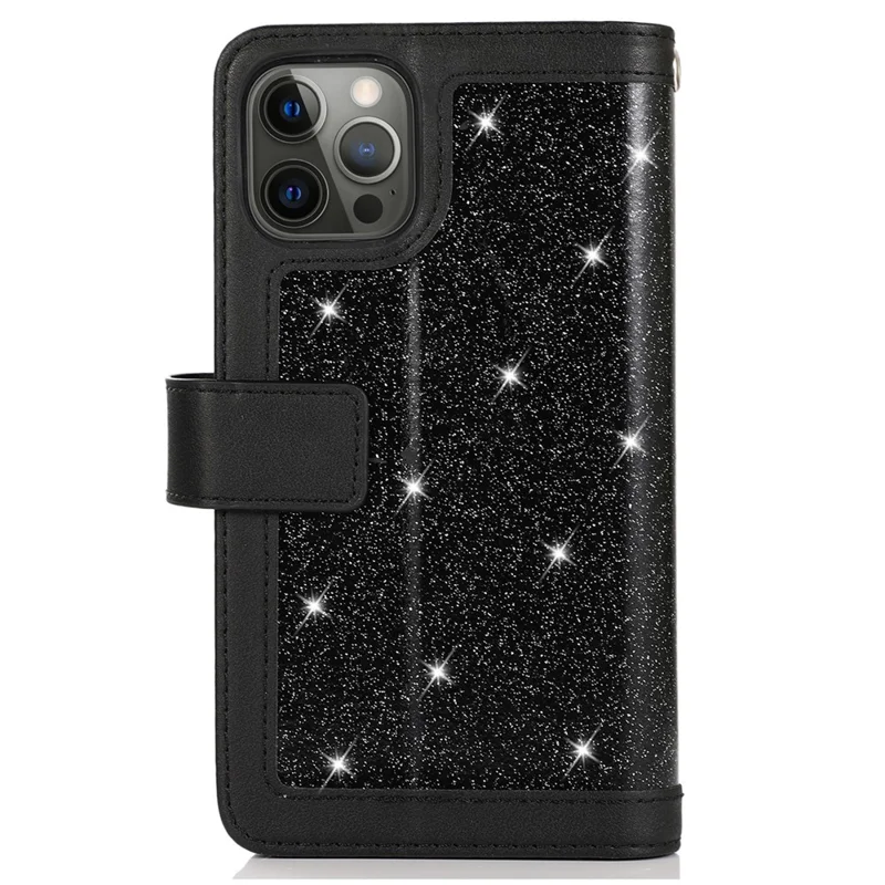 Für iPhone 12 / 12 Pro Case Glitter Powder Zipper Pocket 9 Card Holder Leather Cover - Schwarz