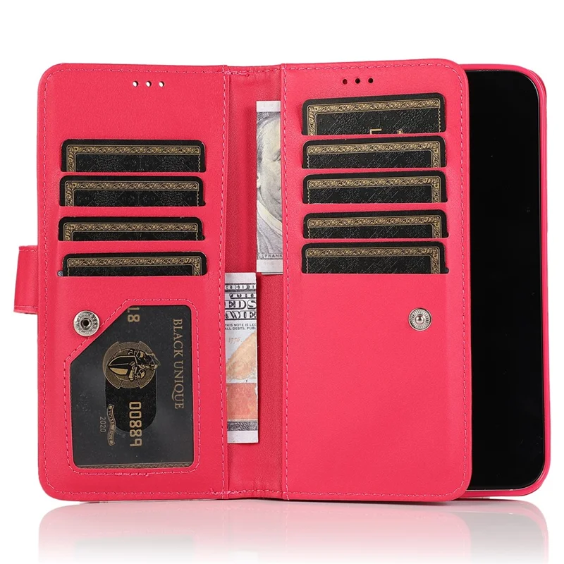 For iPhone 12 / 12 Pro Case Glitter Powder Zipper Pocket 9 Card Holder Leather Cover - Rose