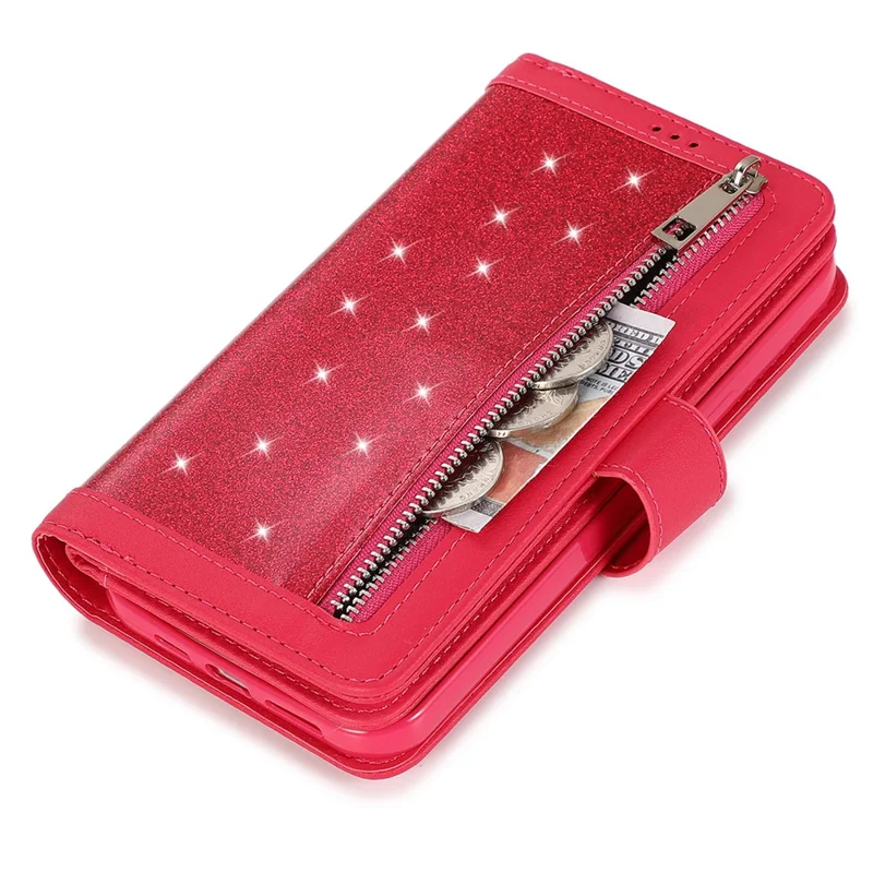 For iPhone 12 / 12 Pro Case Glitter Powder Zipper Pocket 9 Card Holder Leather Cover - Rose