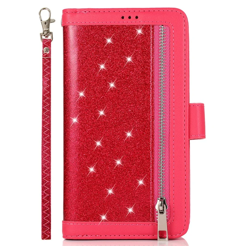 For iPhone 12 / 12 Pro Case Glitter Powder Zipper Pocket 9 Card Holder Leather Cover - Rose