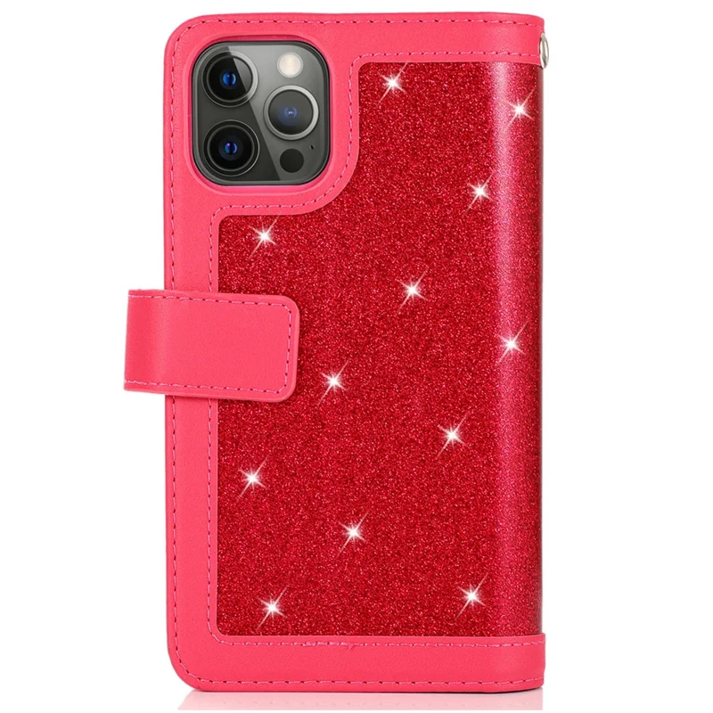 For iPhone 12 / 12 Pro Case Glitter Powder Zipper Pocket 9 Card Holder Leather Cover - Rose