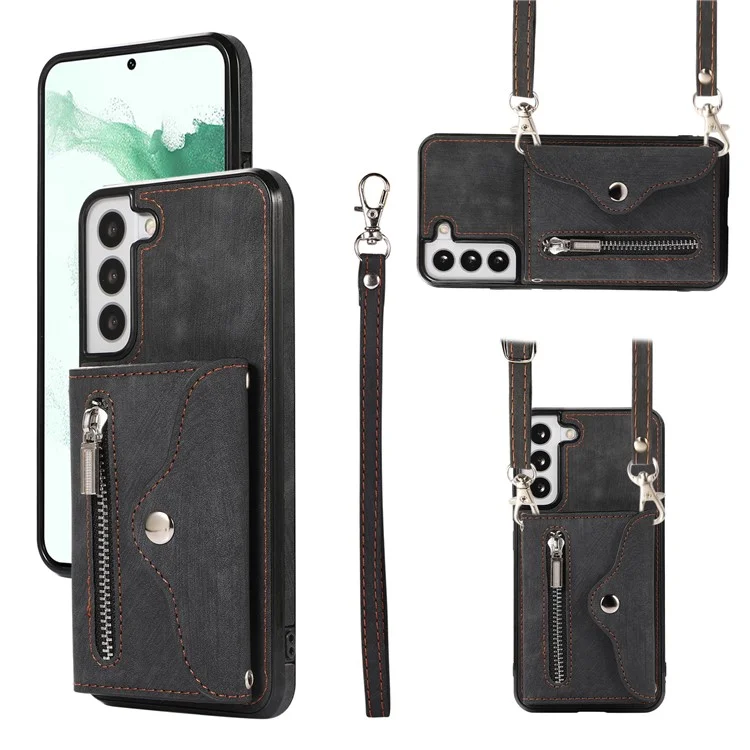 Для Samsung Galaxy S21+ 5G Чехол PU+TPU Card Bag Cell Phone Case с 2 ремешками - Черный