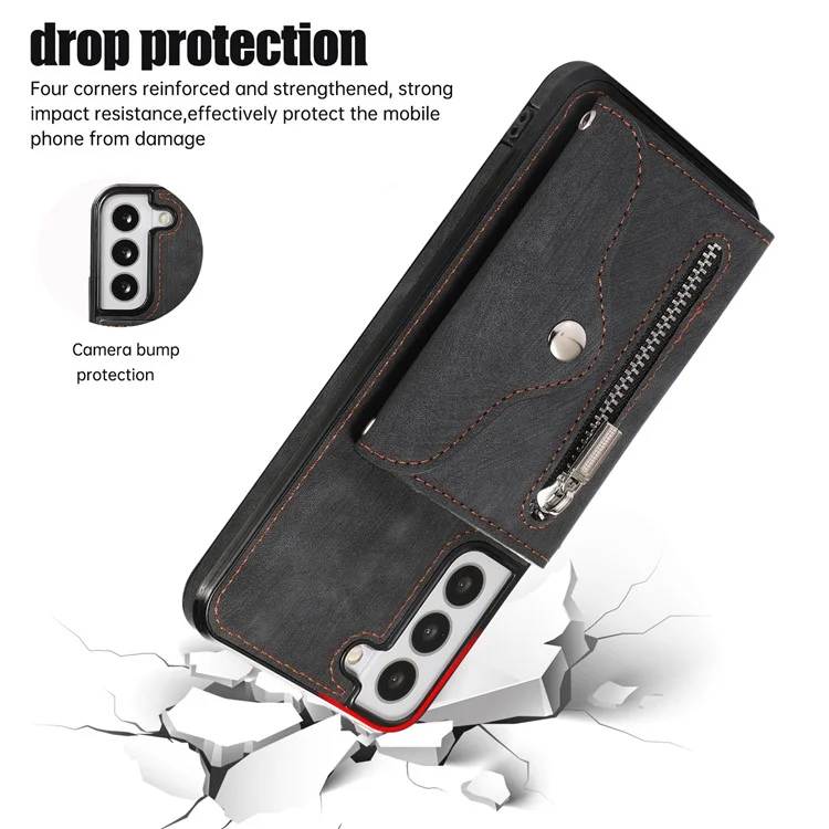 Для Samsung Galaxy S21+ 5G Чехол PU+TPU Card Bag Cell Phone Case с 2 ремешками - Черный