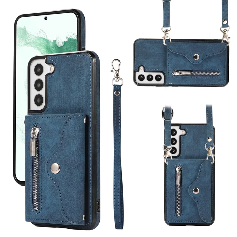 For Samsung Galaxy S21+ 5G Case PU+TPU Card Bag Cell Phone Case with 2 Straps - Blue