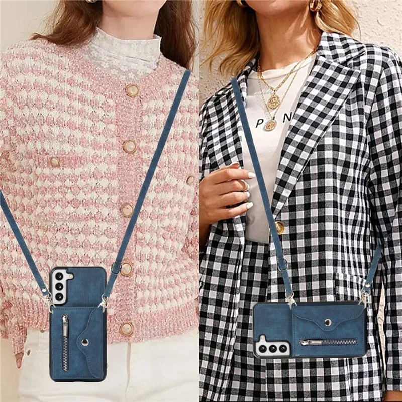 For Samsung Galaxy S21+ 5G Case PU+TPU Card Bag Cell Phone Case with 2 Straps - Blue