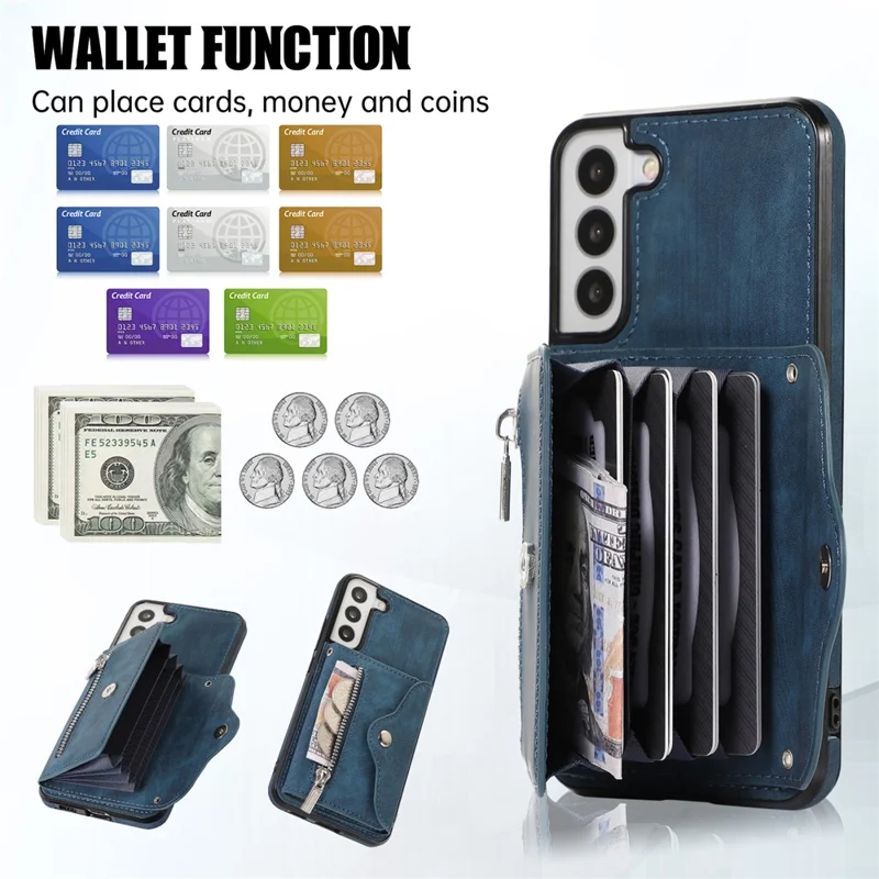 For Samsung Galaxy S21+ 5G Case PU+TPU Card Bag Cell Phone Case with 2 Straps - Blue