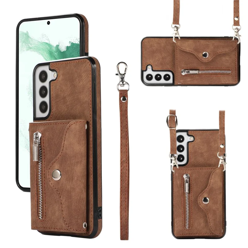 For Samsung Galaxy S21+ 5G Case PU+TPU Card Bag Cell Phone Case with 2 Straps - Brown