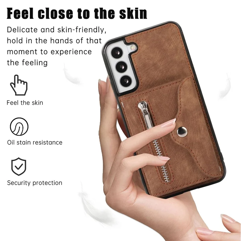For Samsung Galaxy S21+ 5G Case PU+TPU Card Bag Cell Phone Case with 2 Straps - Brown