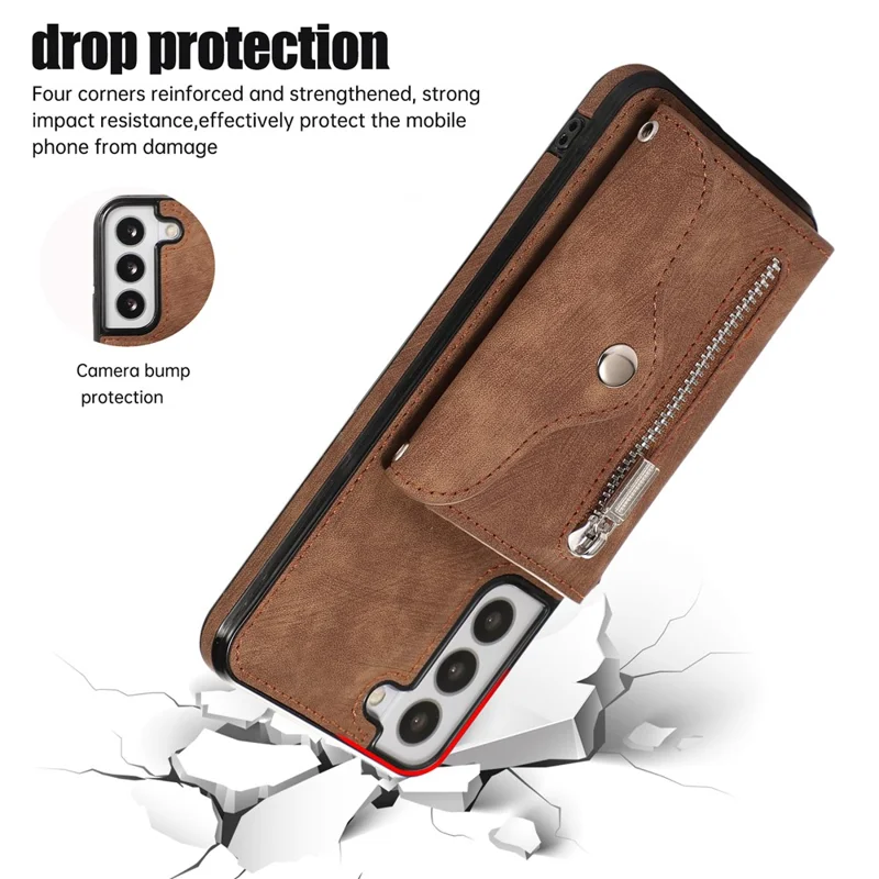 For Samsung Galaxy S21+ 5G Case PU+TPU Card Bag Cell Phone Case with 2 Straps - Brown