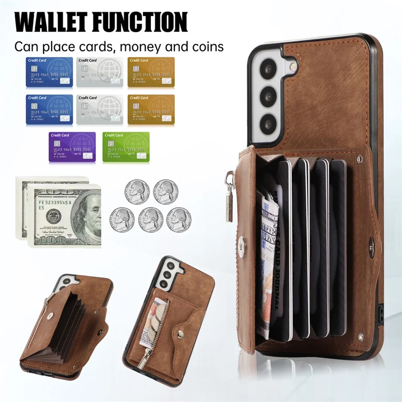 For Samsung Galaxy S21+ 5G Case PU+TPU Card Bag Cell Phone Case with 2 Straps - Brown
