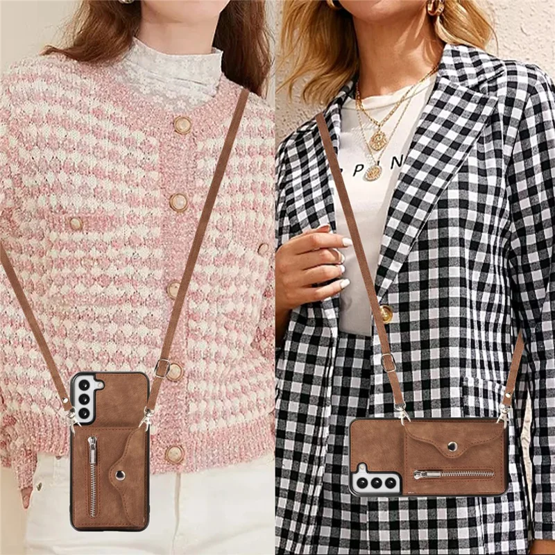 For Samsung Galaxy S21+ 5G Case PU+TPU Card Bag Cell Phone Case with 2 Straps - Brown