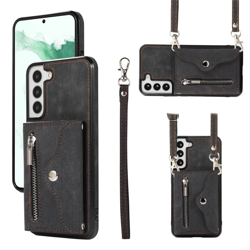 For Samsung Galaxy S21 5G Shockproof Case PU+TPU Card Bag Cell Phone Case with 2 Straps - Black