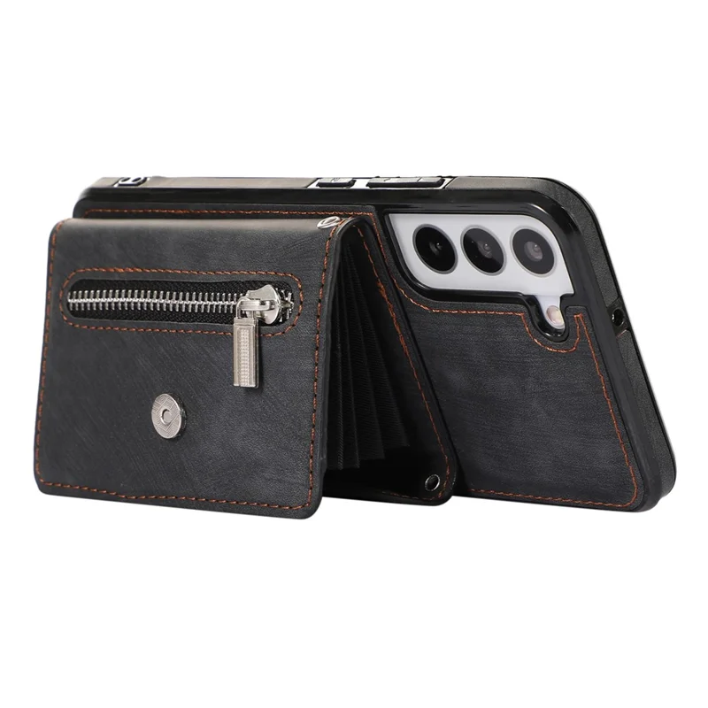 For Samsung Galaxy S21 5G Shockproof Case PU+TPU Card Bag Cell Phone Case with 2 Straps - Black