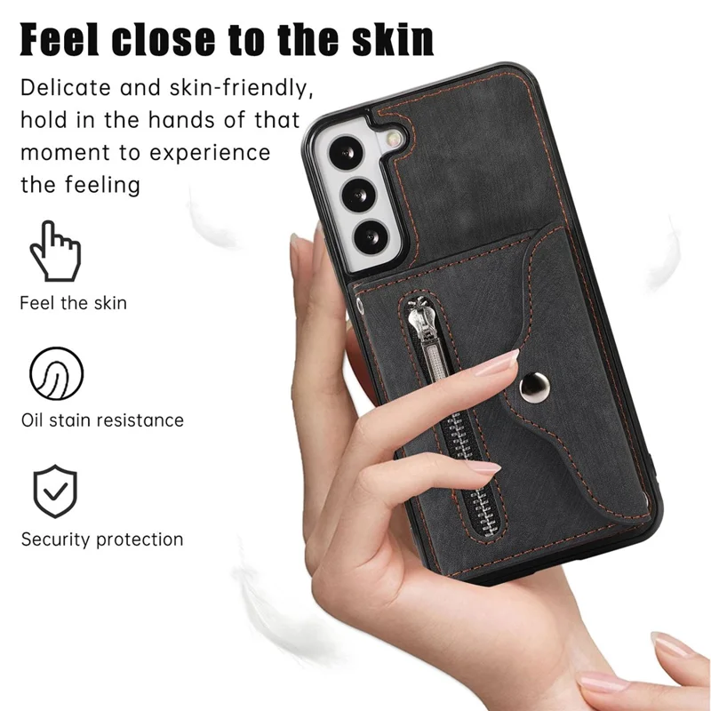 For Samsung Galaxy S21 5G Shockproof Case PU+TPU Card Bag Cell Phone Case with 2 Straps - Black