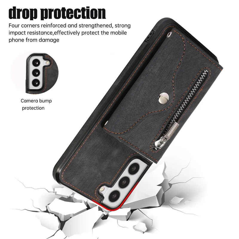 For Samsung Galaxy S21 5G Shockproof Case PU+TPU Card Bag Cell Phone Case with 2 Straps - Black