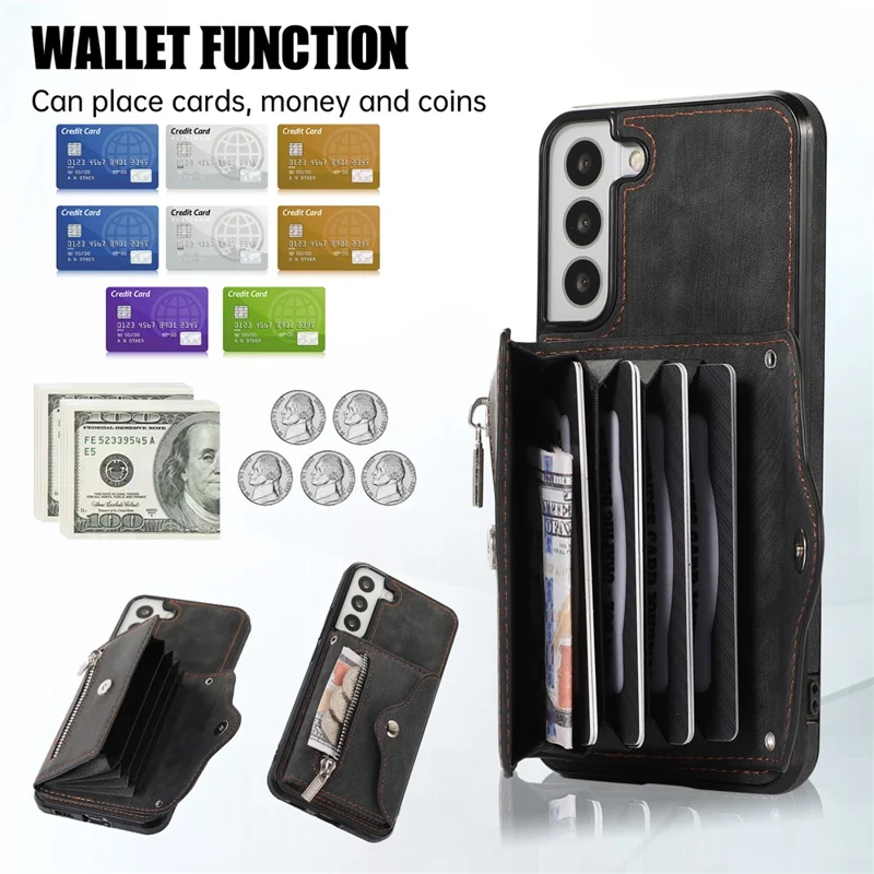For Samsung Galaxy S21 5G Shockproof Case PU+TPU Card Bag Cell Phone Case with 2 Straps - Black
