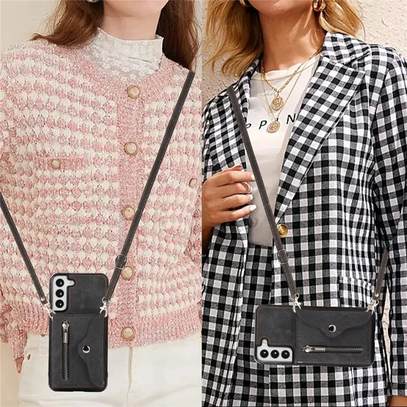 For Samsung Galaxy S21 5G Shockproof Case PU+TPU Card Bag Cell Phone Case with 2 Straps - Black