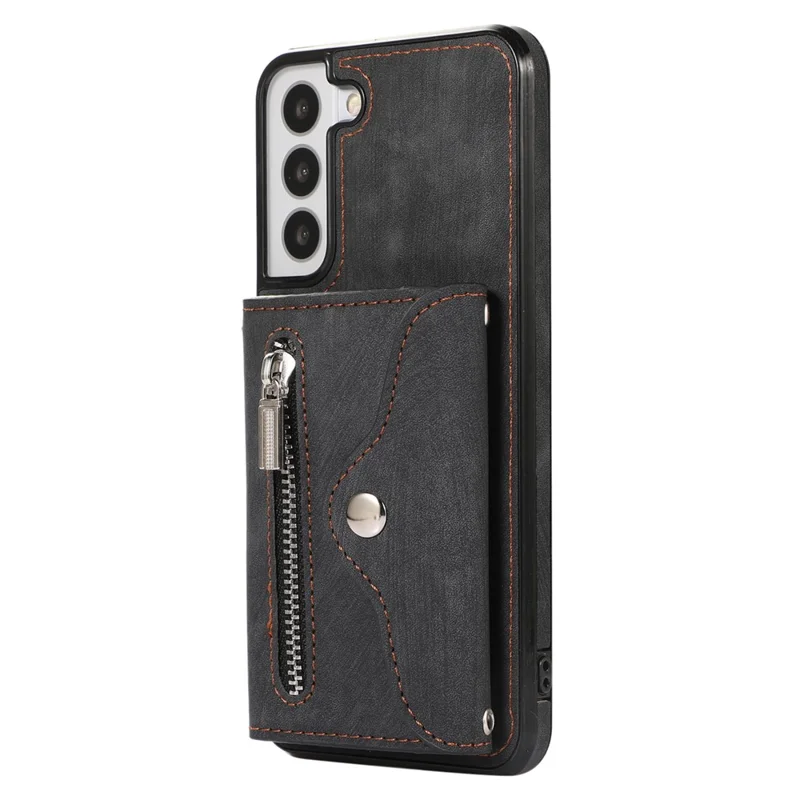 For Samsung Galaxy S21 5G Shockproof Case PU+TPU Card Bag Cell Phone Case with 2 Straps - Black