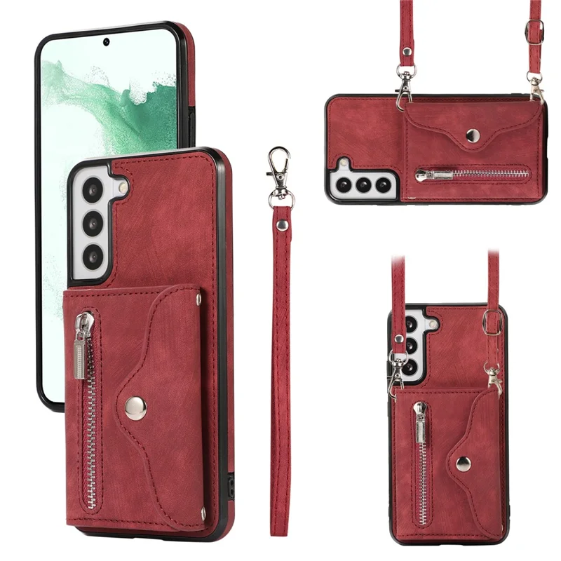 For Samsung Galaxy S21 5G Shockproof Case PU+TPU Card Bag Cell Phone Case with 2 Straps - Red