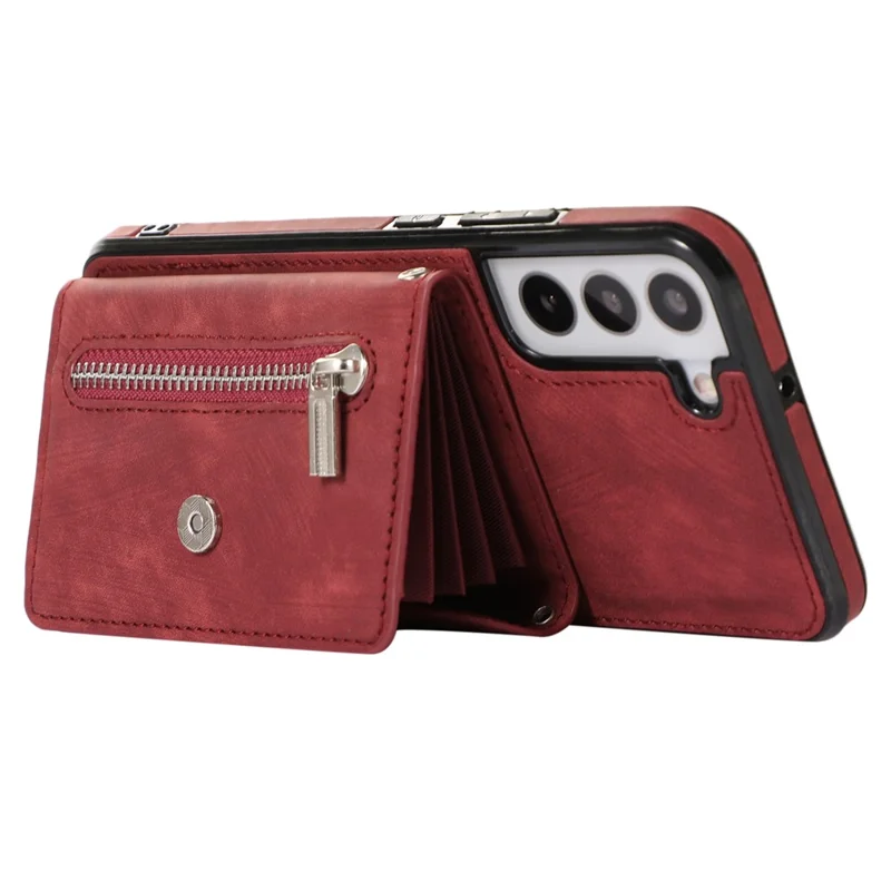 For Samsung Galaxy S21 5G Shockproof Case PU+TPU Card Bag Cell Phone Case with 2 Straps - Red