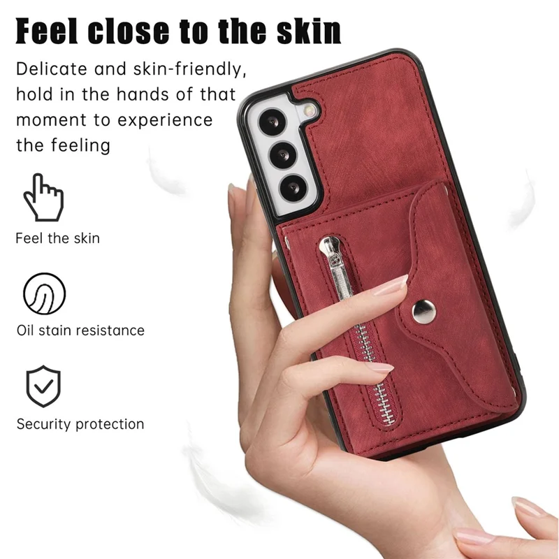 For Samsung Galaxy S21 5G Shockproof Case PU+TPU Card Bag Cell Phone Case with 2 Straps - Red