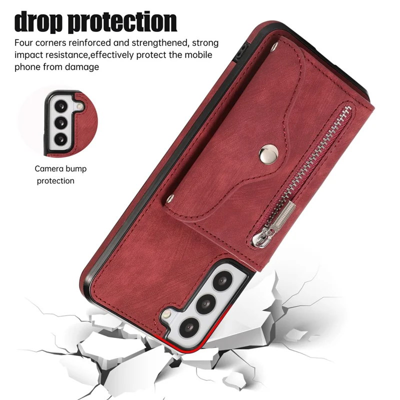 For Samsung Galaxy S21 5G Shockproof Case PU+TPU Card Bag Cell Phone Case with 2 Straps - Red