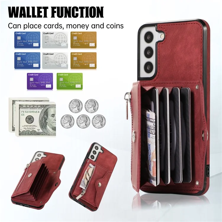 For Samsung Galaxy S21 5G Shockproof Case PU+TPU Card Bag Cell Phone Case with 2 Straps - Red
