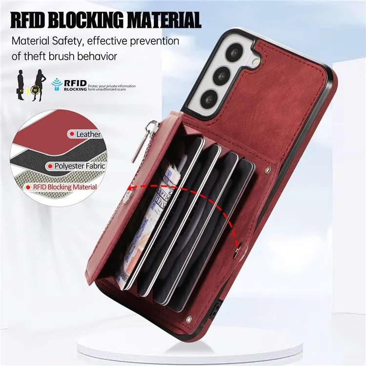 For Samsung Galaxy S21 5G Shockproof Case PU+TPU Card Bag Cell Phone Case with 2 Straps - Red