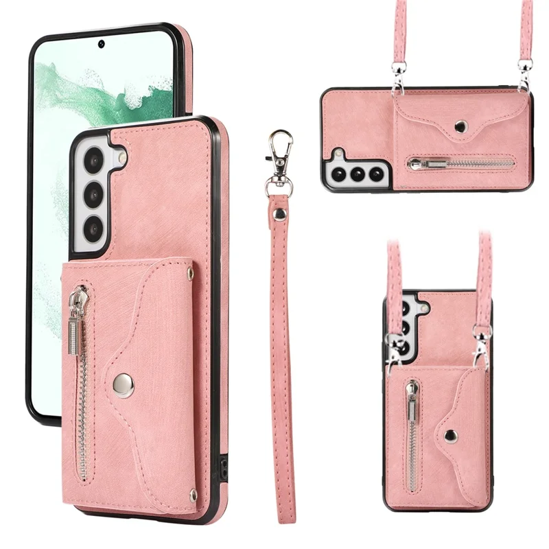 For Samsung Galaxy S21 5G Shockproof Case PU+TPU Card Bag Cell Phone Case with 2 Straps - Rose Gold
