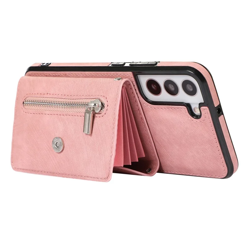 For Samsung Galaxy S21 5G Shockproof Case PU+TPU Card Bag Cell Phone Case with 2 Straps - Rose Gold