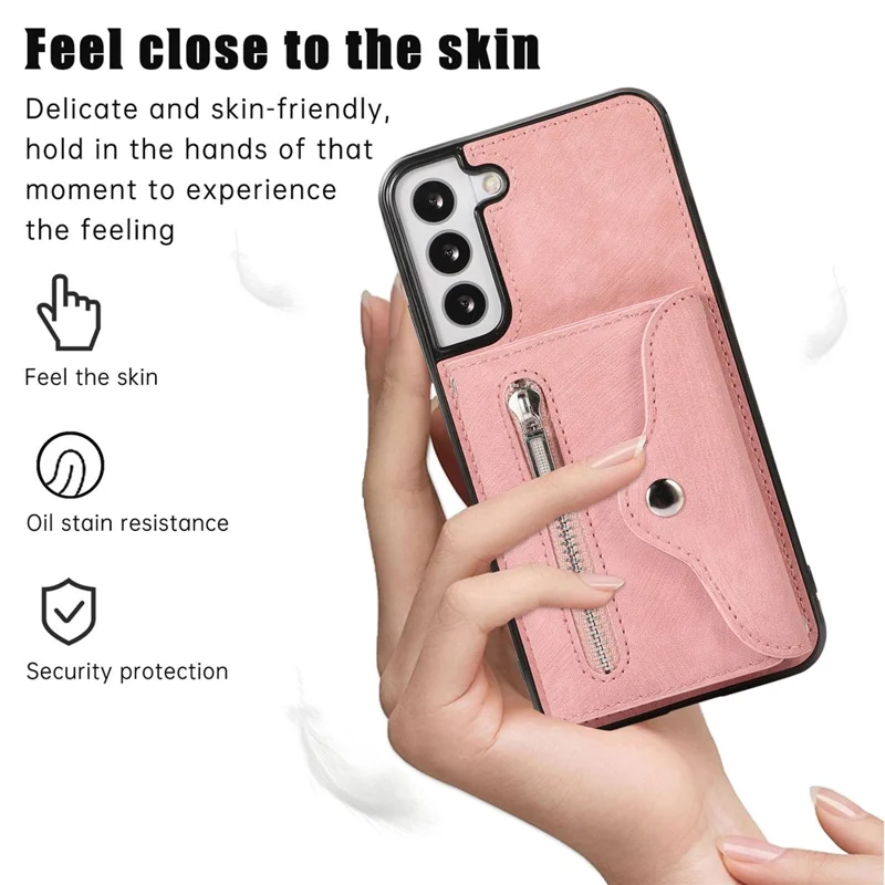 For Samsung Galaxy S21 5G Shockproof Case PU+TPU Card Bag Cell Phone Case with 2 Straps - Rose Gold