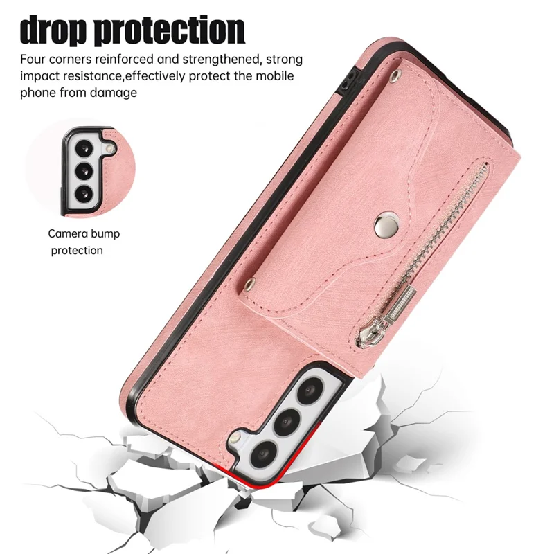 For Samsung Galaxy S21 5G Shockproof Case PU+TPU Card Bag Cell Phone Case with 2 Straps - Rose Gold