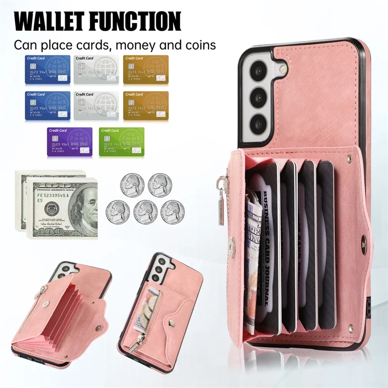 For Samsung Galaxy S21 5G Shockproof Case PU+TPU Card Bag Cell Phone Case with 2 Straps - Rose Gold