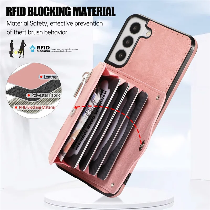 For Samsung Galaxy S21 5G Shockproof Case PU+TPU Card Bag Cell Phone Case with 2 Straps - Rose Gold