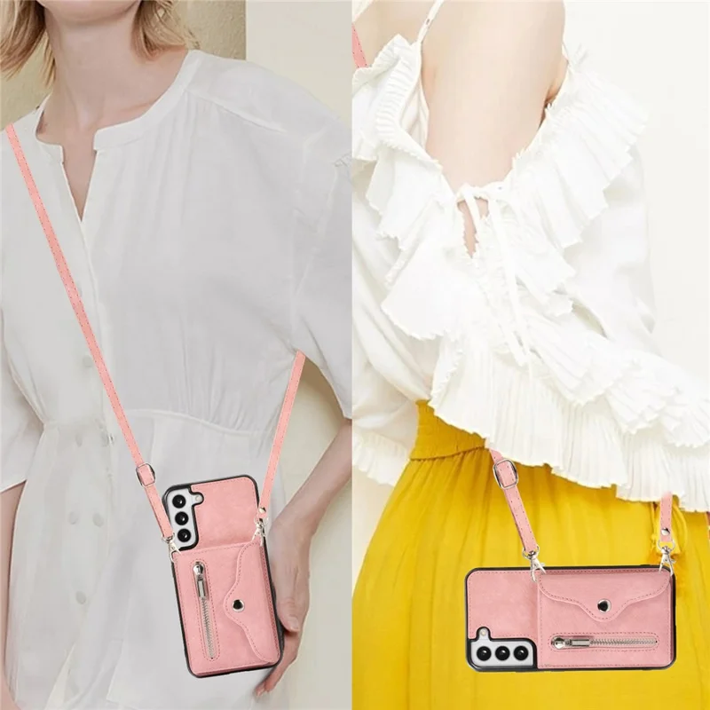 For Samsung Galaxy S21 5G Shockproof Case PU+TPU Card Bag Cell Phone Case with 2 Straps - Rose Gold