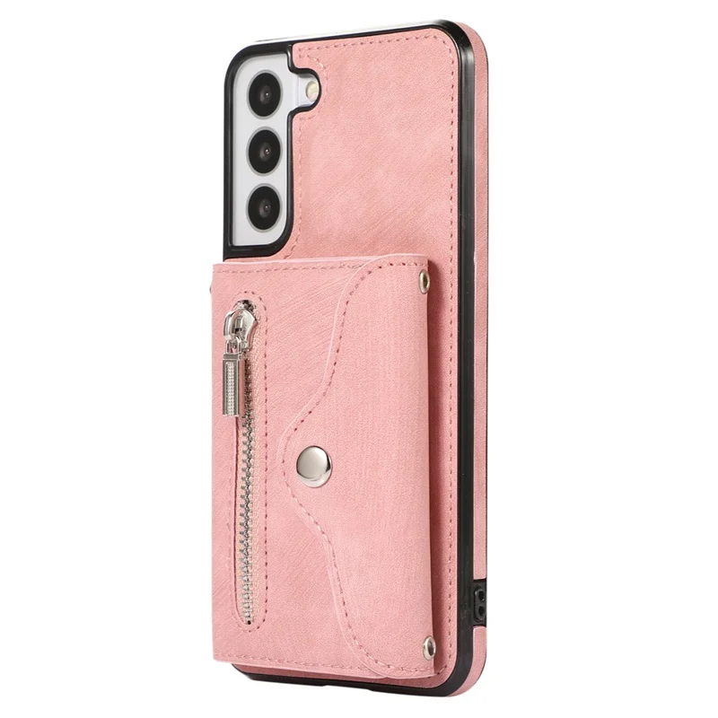 For Samsung Galaxy S21 5G Shockproof Case PU+TPU Card Bag Cell Phone Case with 2 Straps - Rose Gold