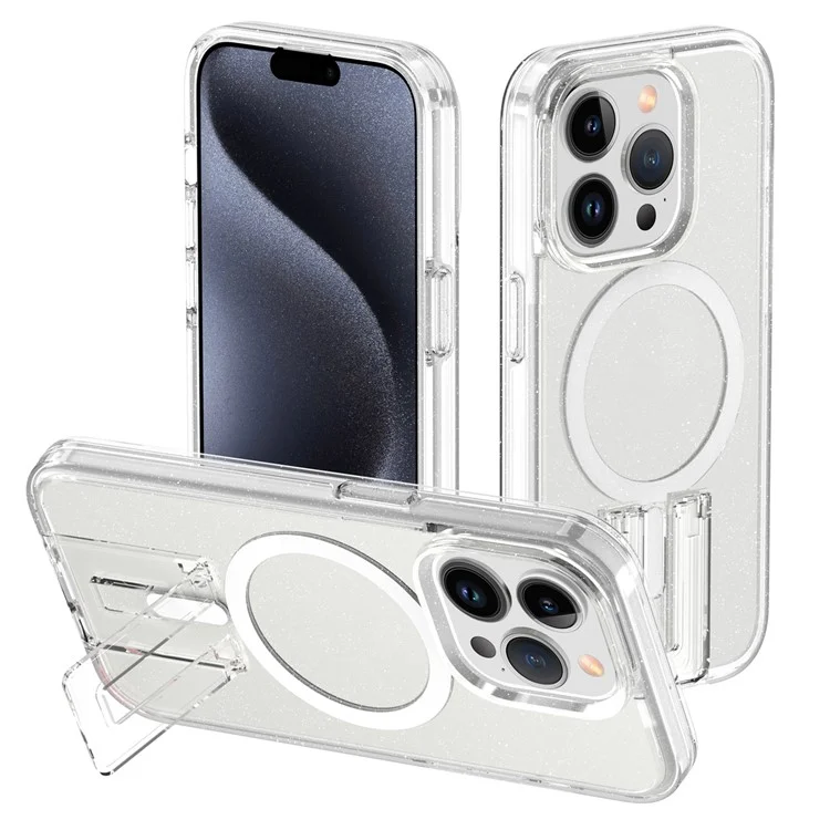 iPhone 15 Pro Max Hülle TPU+PC Versteckter Ständer Handyhülle Kompatibel mit MagSafe - Glitzer Transparent+Weiß
