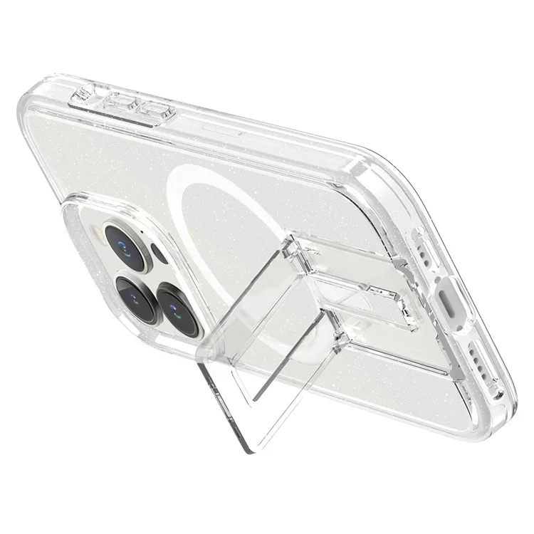 iPhone 15 Pro Max Hülle TPU+PC Versteckter Ständer Handyhülle Kompatibel mit MagSafe - Glitzer Transparent+Weiß
