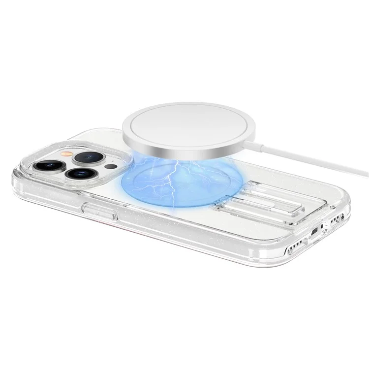 iPhone 15 Pro Max Hülle TPU+PC Versteckter Ständer Handyhülle Kompatibel mit MagSafe - Glitzer Transparent+Weiß