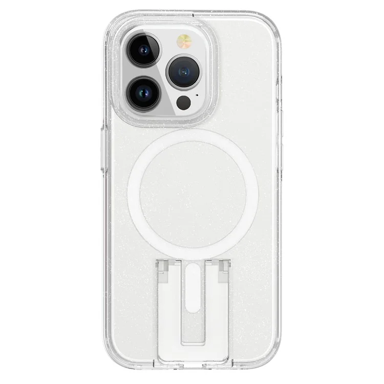 iPhone 15 Pro Max Hülle TPU+PC Versteckter Ständer Handyhülle Kompatibel mit MagSafe - Glitzer Transparent+Weiß
