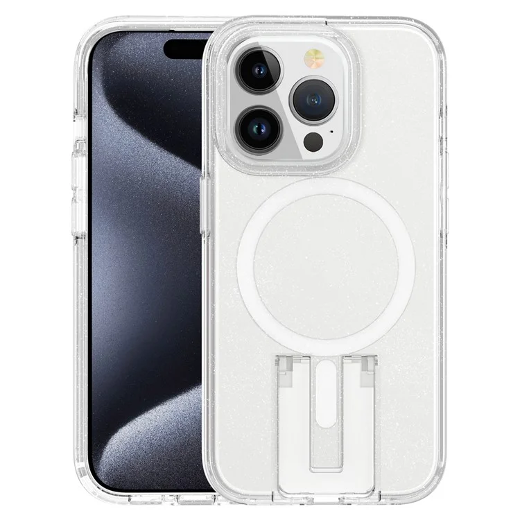 iPhone 15 Pro Max Hülle TPU+PC Versteckter Ständer Handyhülle Kompatibel mit MagSafe - Glitzer Transparent+Weiß